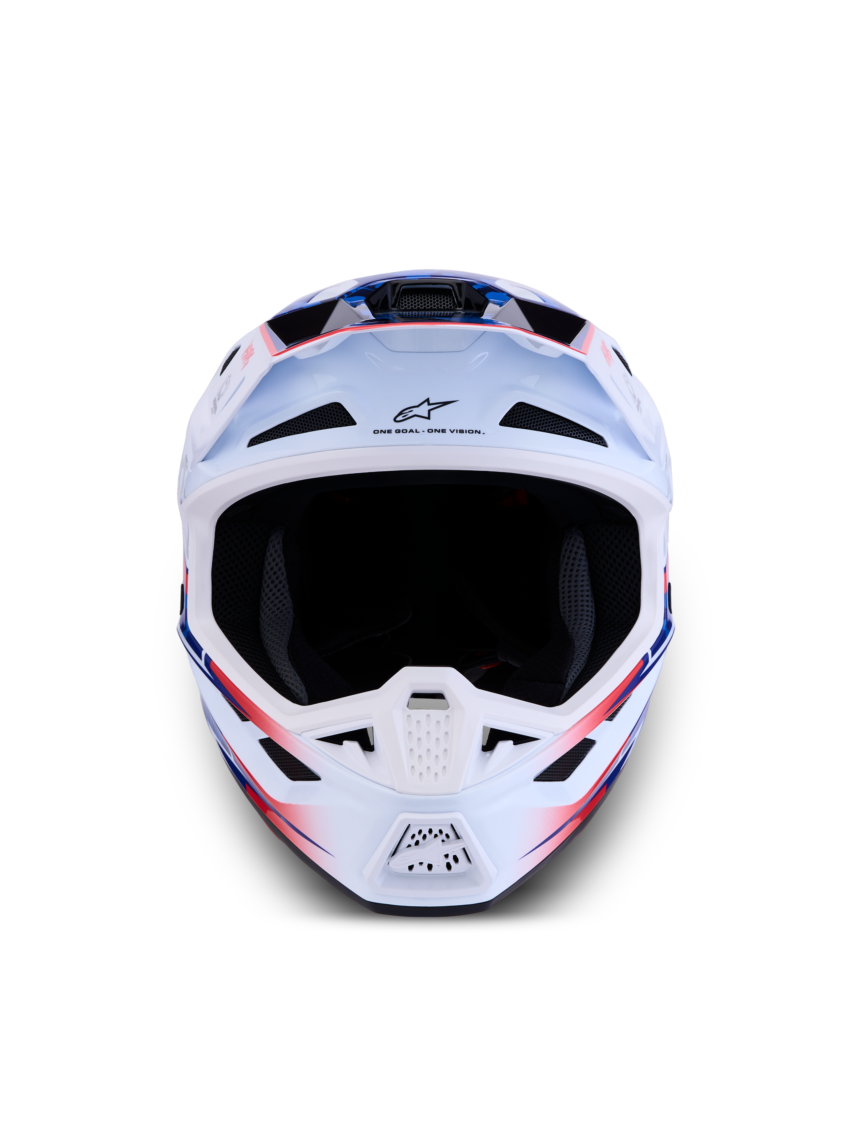 Alpinestars S-M7 Blaster Helm ECE06, professioneller Motocross-Helm, Frontansicht in Weiß, Blau und Rot glänzend, aerodynamische Verbundschale mit Belüftungsöffnungen, ECE 22.06 zertifiziert