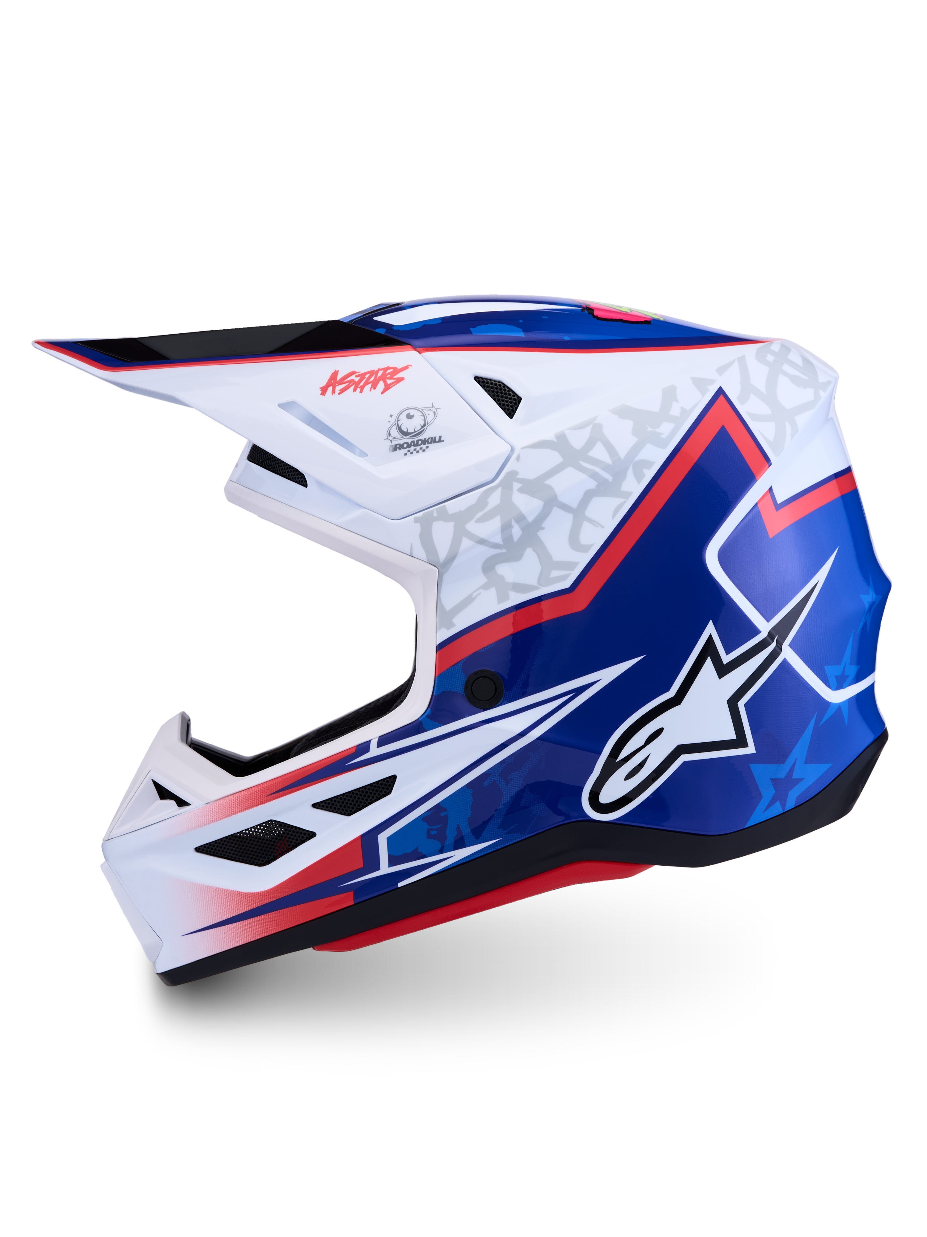 Alpinestars S-M7 Blaster Helm ECE06, Motocross-Helm, glänzend Blau und Weiß mit roten Akzenten, ECE 22.06 zertifiziert.