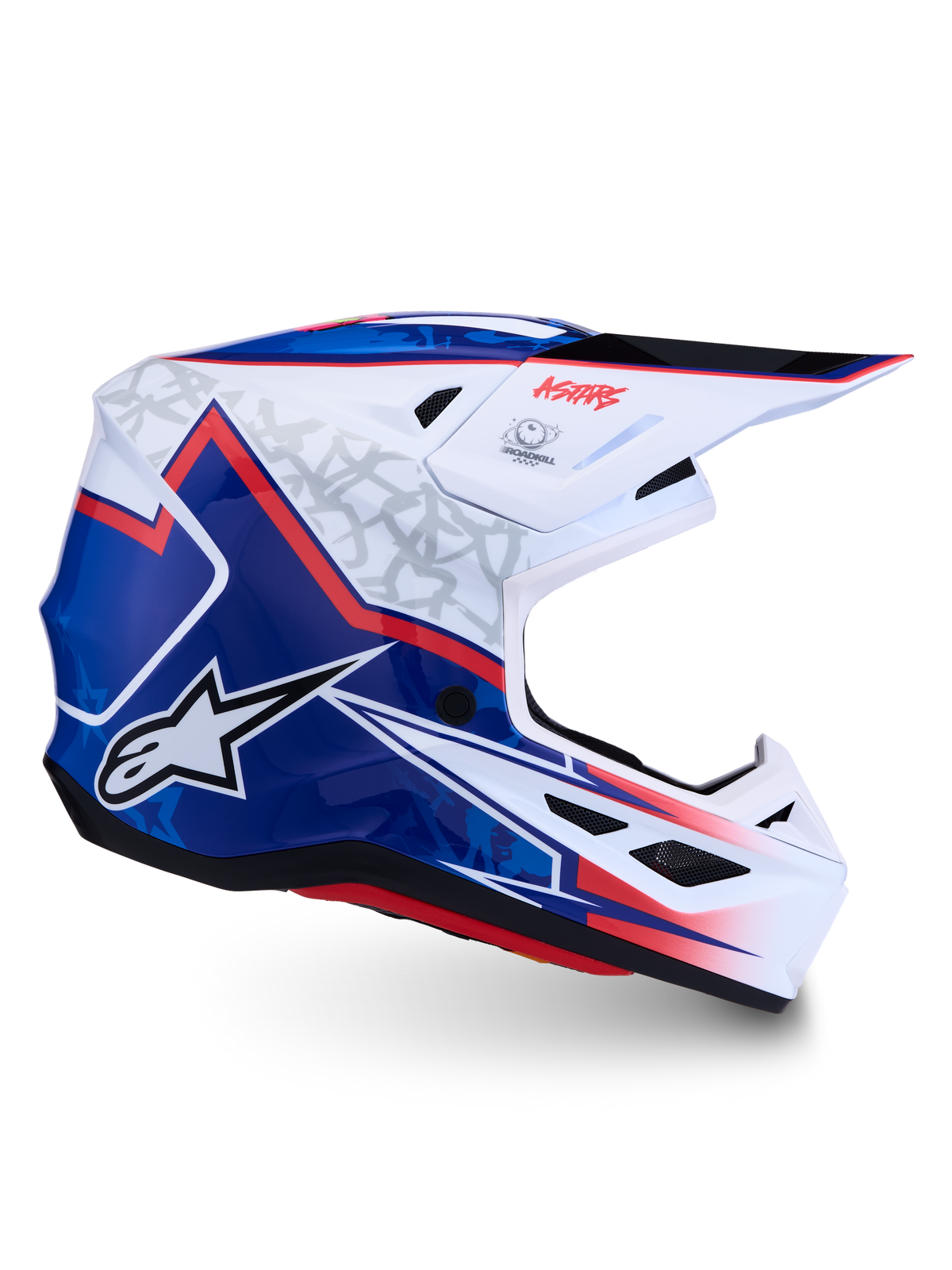 Alpinestars S-M7 Blaster Motocross-Helm, glänzende Verbundschale in Weiß, Blau und Rot, ECE-22.06-zertifiziert.