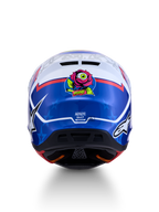 Alpinestars S-M7 Blaster Helm ECE06, Motocross-Helm, Blau und Weiß, Rückansicht mit Rosengrafik, ECE-zertifiziert.
