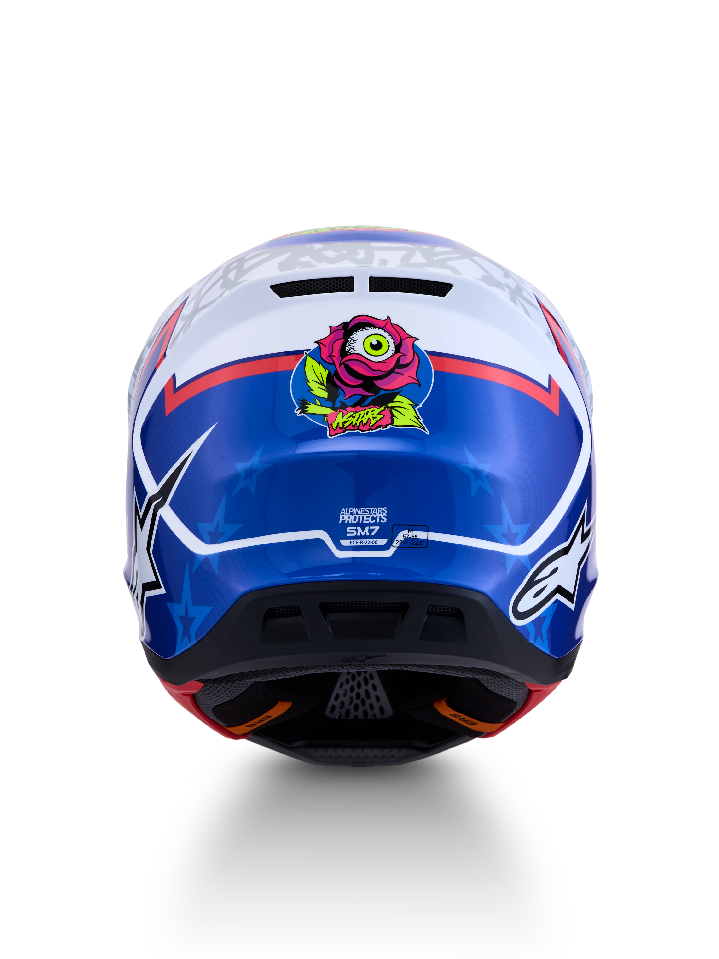 Alpinestars S-M7 Blaster Helm ECE06, Motocross-Helm, Blau und Weiß, Rückansicht mit Rosengrafik, ECE-zertifiziert.