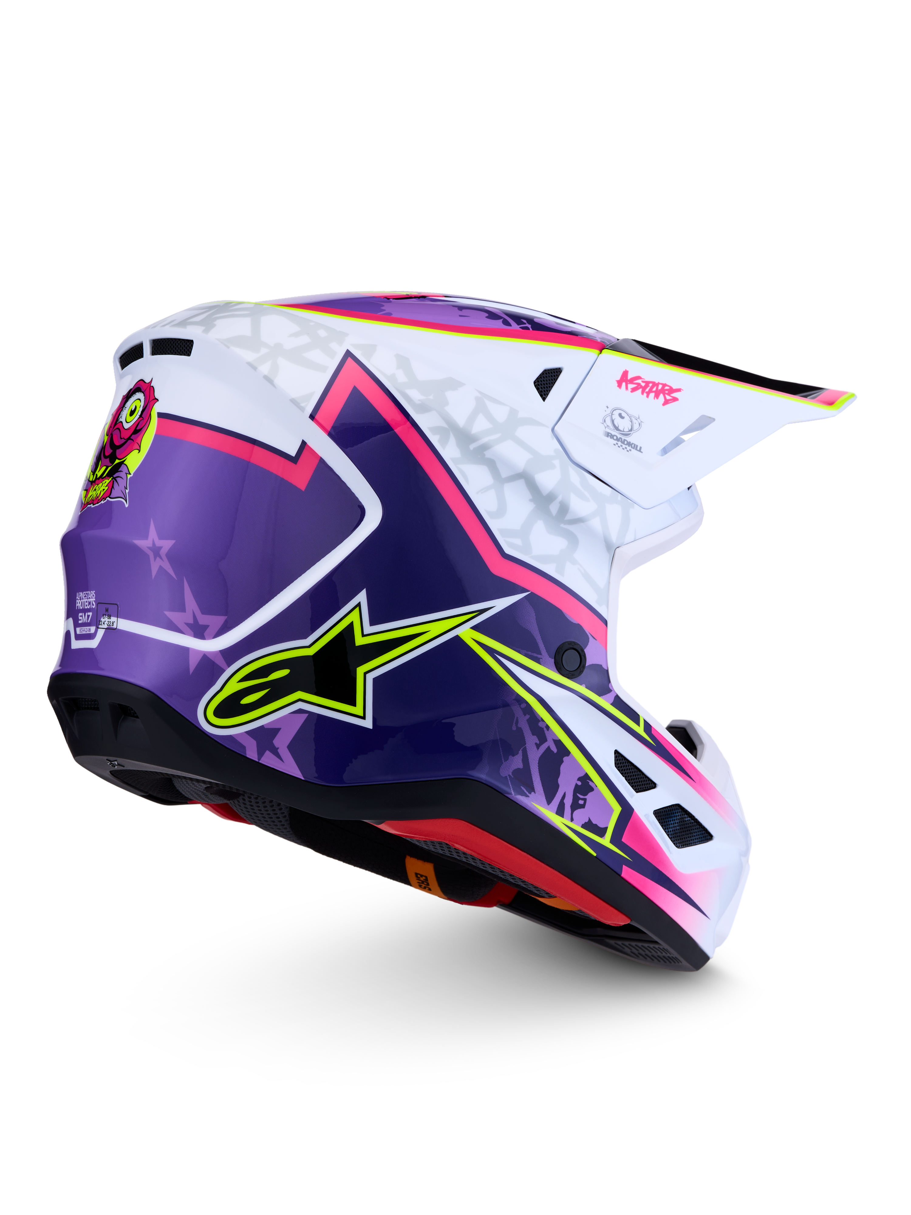 Alpinestars S-M7 Blaster Helm, glänzender Motocross-Helm in Lila, Pink und Weiß, aerodynamische Verbundschale, ECE 22.06 zertifiziert, professionelle MX-Ausrüstung