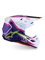 Alpinestars S-M7 Blaster Motocross-Helm, glänzendes Lila, Pink und Weiß, ECE 22.06 zertifiziert, aerodynamische Schale.