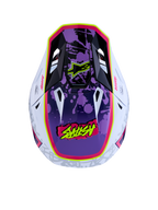 Alpinestars S-M7 Blaster Helm ECE06, glänzender Motocross-Helm für Offroad-Rennen, Lila und Pink mit weißen Akzenten, aerodynamische Belüftungsöffnungen, Draufsicht.