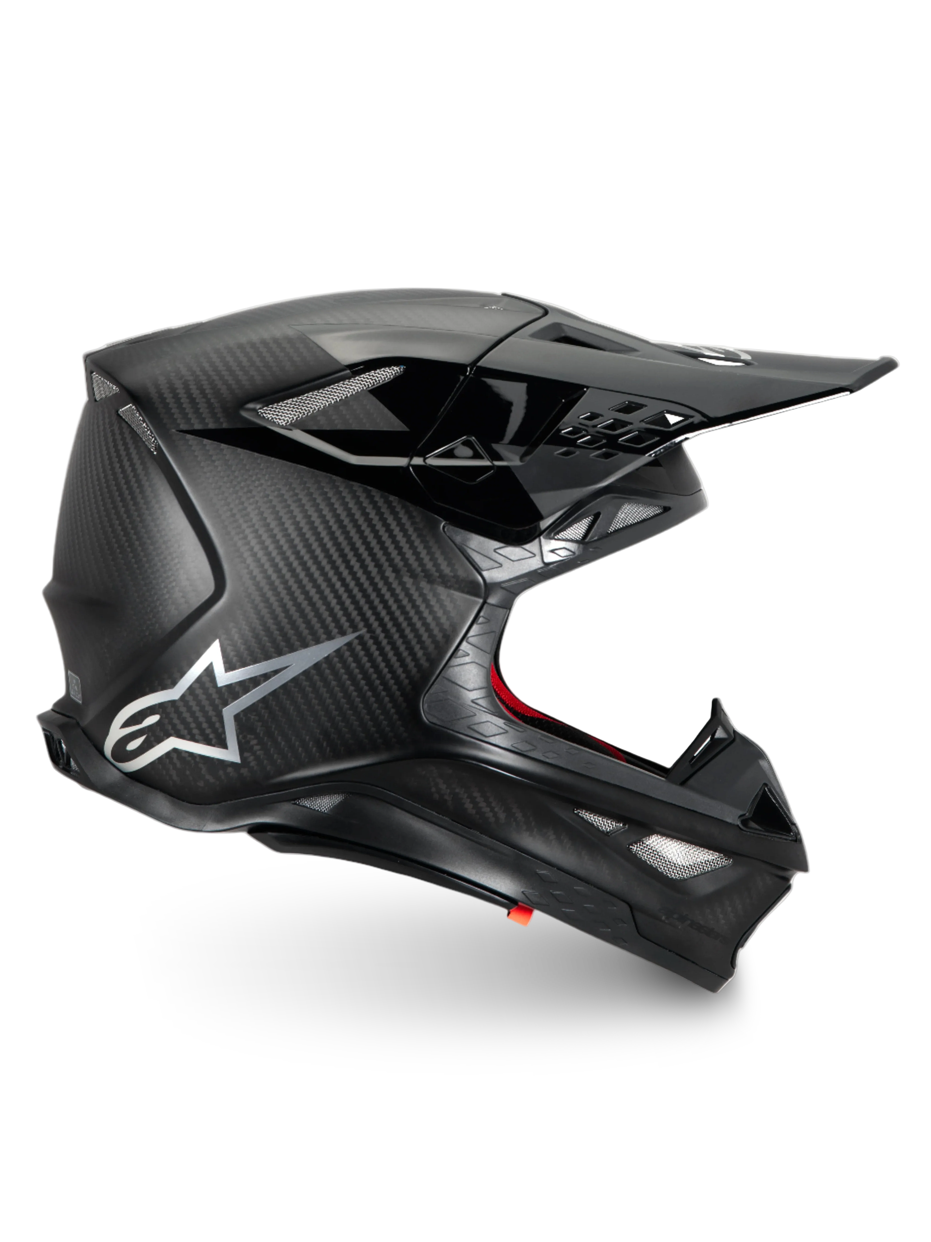 Alpinestars Supertech M10 Fame Helmet, black matte carbon fiber motocross racing helmet with ECE 22.06 certification.