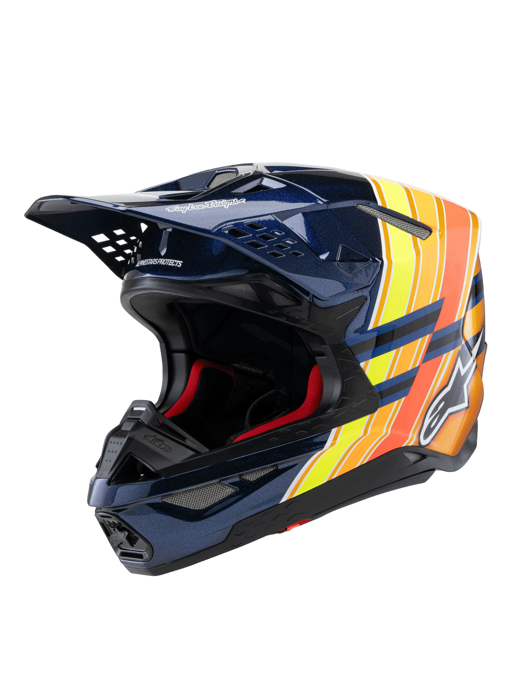 Alpinestars Supertech M10 TLD Edition 25 Helm, Motocross-Helm, Glänzendes Dunkelblau mit orangefarbenen und neongelben Grafiken, rote Innenpolsterung, aerodynamische Schale mit mehreren Belüftungsöffnungen, Troy Lee Designs Branding auf dem Helmschild, professionelle Offroad-Rennausrüstung