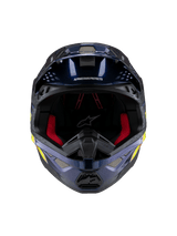 Alpinestars Supertech M10 TLD Edition 25 Helm, Motocross-Helm, Glänzendes Metallic-Dunkelblau mit roter Innenpolsterung, Vorderansicht mit Belüftungsgittern und Seitengrafiken in Gelb und Orange, hochwertiger Offroad-Rennschutz.