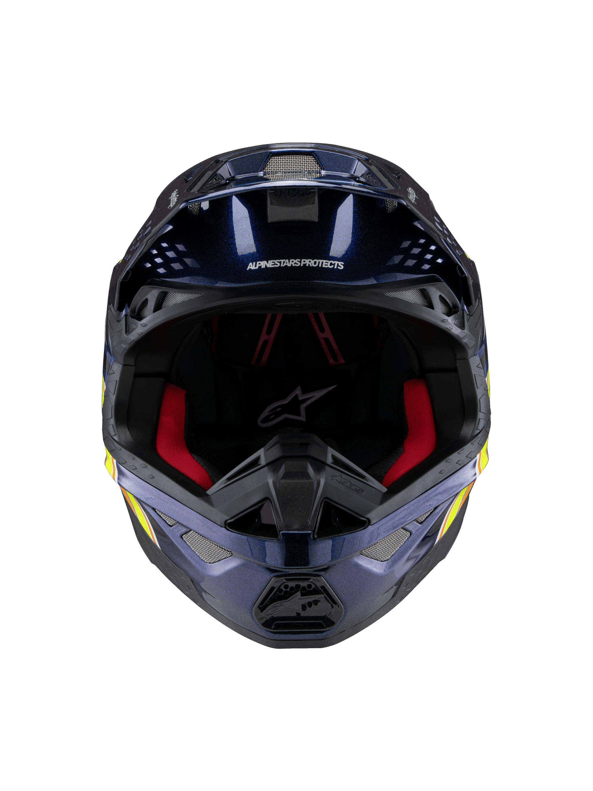 Alpinestars Supertech M10 TLD Edition 25 Helm, Motocross-Helm, Glänzendes Metallic-Dunkelblau mit roter Innenpolsterung, Vorderansicht mit Belüftungsgittern und Seitengrafiken in Gelb und Orange, hochwertiger Offroad-Rennschutz.