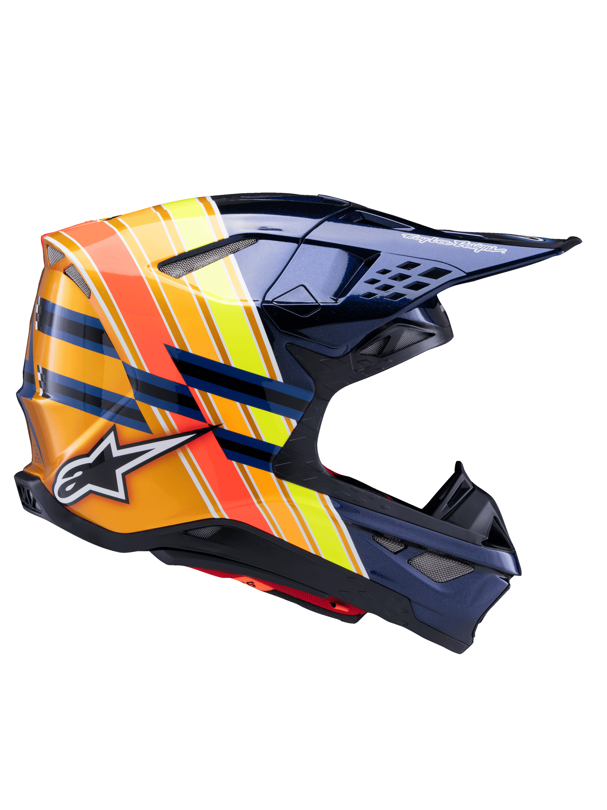 Alpinestars Supertech M10 TLD Edition 25 Helm, Motocross-Helm, Dunkles Metallic-Blau mit leuchtenden orangefarbenen, gelben und roten Streifen, Seitenprofilansicht, glänzendes Finish mit Alpinestars- und Troy Lee Designs-Branding, aerodynamische Schale mit mehreren Mesh-Belüftungsöffnungen für den Offroad-Rennsport