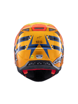 Alpinestars Supertech M10 TLD Edition 25 Helm, Motocross-Helm, Rückansicht, Glänzendes Orange und Blau mit fluoreszierend gelben und roten Akzenten, mit Troy Lee Designs Branding und MIPS-Sicherheitssystem, aerodynamisches Design mit Belüftungsöffnungen