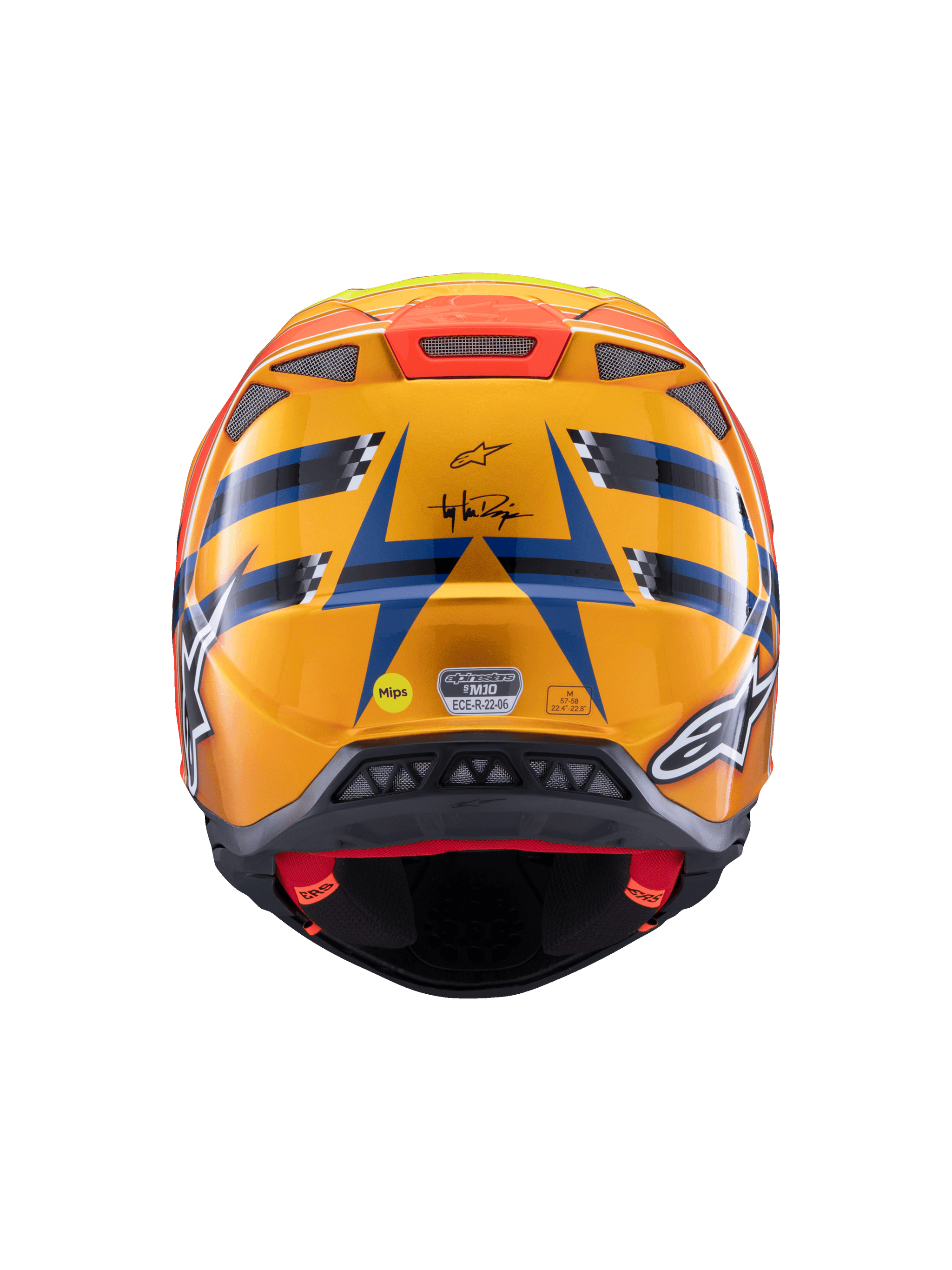 Alpinestars Supertech M10 TLD Edition 25 Helm, Motocross-Helm, Rückansicht, Glänzendes Orange und Blau mit fluoreszierend gelben und roten Akzenten, mit Troy Lee Designs Branding und MIPS-Sicherheitssystem, aerodynamisches Design mit Belüftungsöffnungen