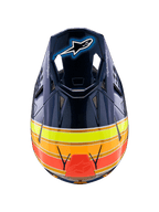 Alpinestars Supertech M10 TLD Edition 25 Helm, Motocross-Helm, Glänzendes Dunkelblau mit orangefarbenen, neongelben und roten Streifen, Draufsicht zeigt das Visier mit Astar-Logo und Netz-Belüftungsöffnungen, professionelle Offroad-Rennausrüstung