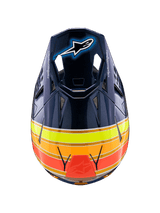 Alpinestars Supertech M10 TLD Edition 25 Helm, Motocross-Helm, Glänzendes Dunkelblau mit orangefarbenen, neongelben und roten Streifen, Draufsicht zeigt das Visier mit Astar-Logo und Netz-Belüftungsöffnungen, professionelle Offroad-Rennausrüstung