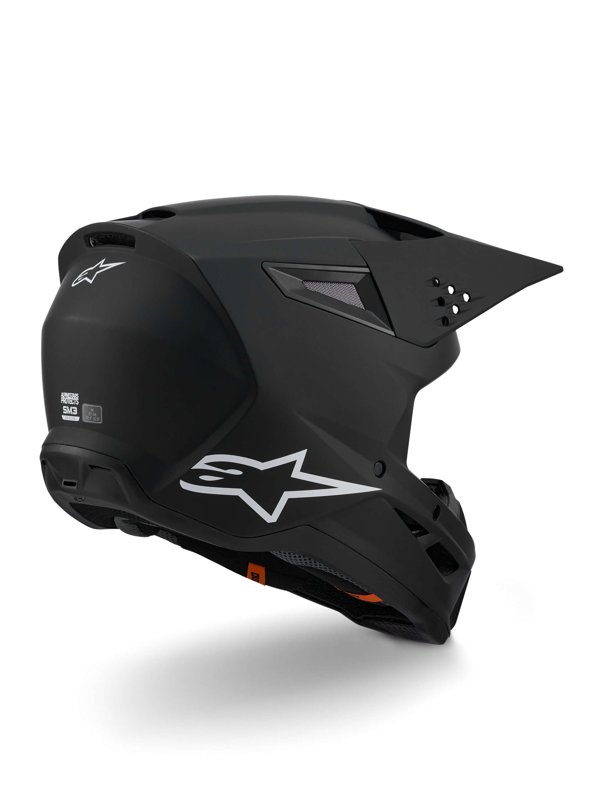 Alpinestars S-M3 Solid Helmet ECE 22.06, Motocross Helmet, Matte Black, featuring white Alpinestars logo on the side and back, aerodynamic shell with integrated ventilation ports and quick-release visor, designed for off-road racing performance