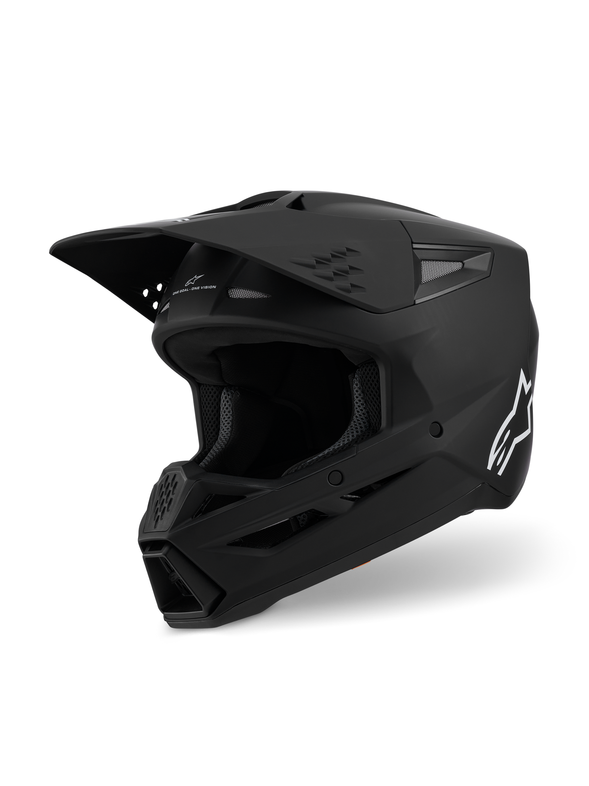 Alpinestars S-M3 Solid Helmet ECE 22.06, Motocross Helmet, Matte Black, three-quarter side view featuring a large visor and intake vents, sleek aerodynamic shell with a white Alpinestars logo, professional off-road racing gear