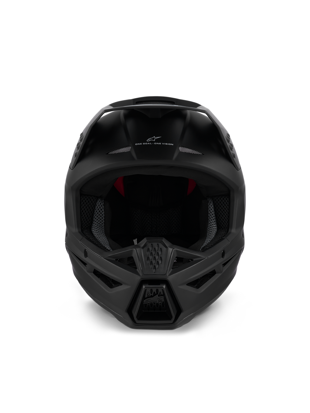 Alpinestars S-M3 Solid Helmet ECE 22.06, Motocross Helmet, Matte Black, front view showing aggressive chin guard ventilation and 'ONE GOAL - ONE VISION' branding, sleek design for off-road racing