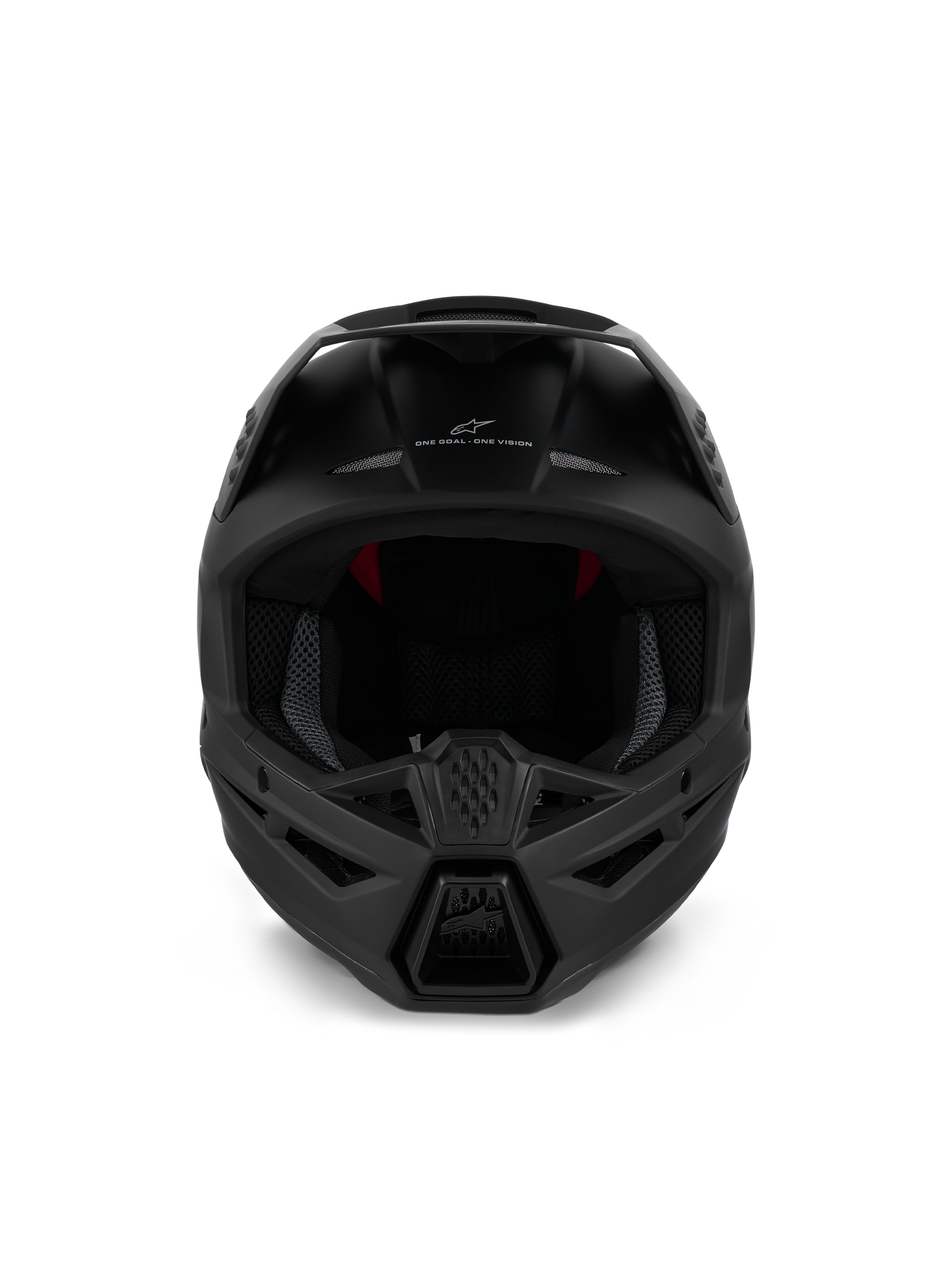 Alpinestars S-M3 Solid Helmet ECE 22.06, Motocross Helmet, Matte Black, front view showing aggressive chin guard ventilation and 'ONE GOAL - ONE VISION' branding, sleek design for off-road racing