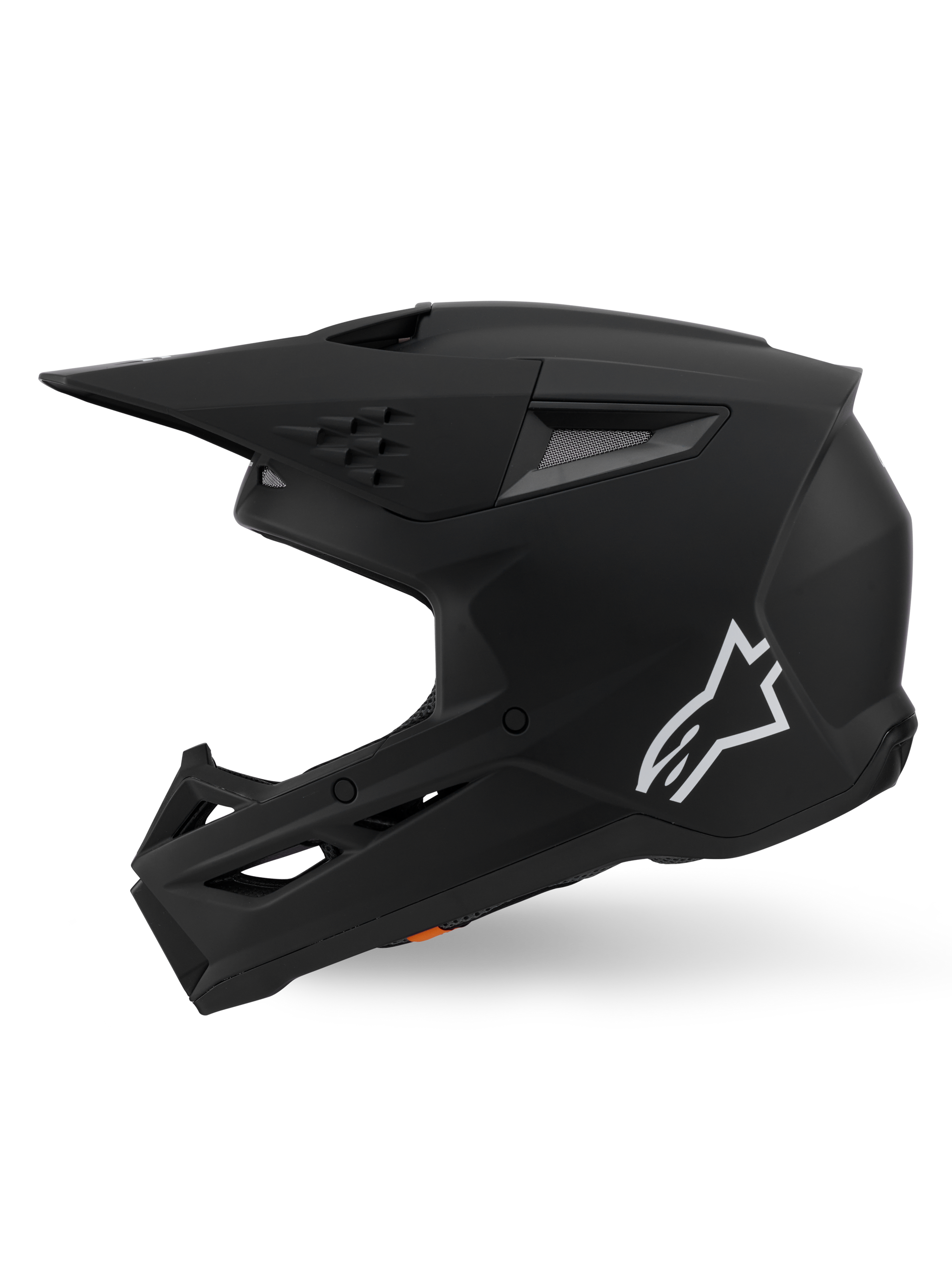 Alpinestars S-M3 Solid Helmet ECE 22.06, Motocross Helmet, Matte Black, side profile view featuring a white Astars logo, angular shell design with integrated ventilation ports and protective visor, off-road racing performance gear