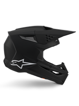 Alpinestars S-M3 Solid Helmet, Motocross Helmet, Matte Black finish, side profile featuring a white Alpinestars logo, aerodynamic shell with multiple ventilation ports and large visor, professional-grade off-road protective headgear