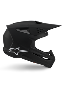 Alpinestars S-M3 Solid Helm, Motocross-Helm, matt-schwarzes Finish, Seitenansicht mit wei&szlig;em Alpinestars-Logo, aerodynamische Schale mit mehreren Bel&uuml;ftungs&ouml;ffnungen und gro&szlig;em Visier, professioneller Offroad-Kopfschutz