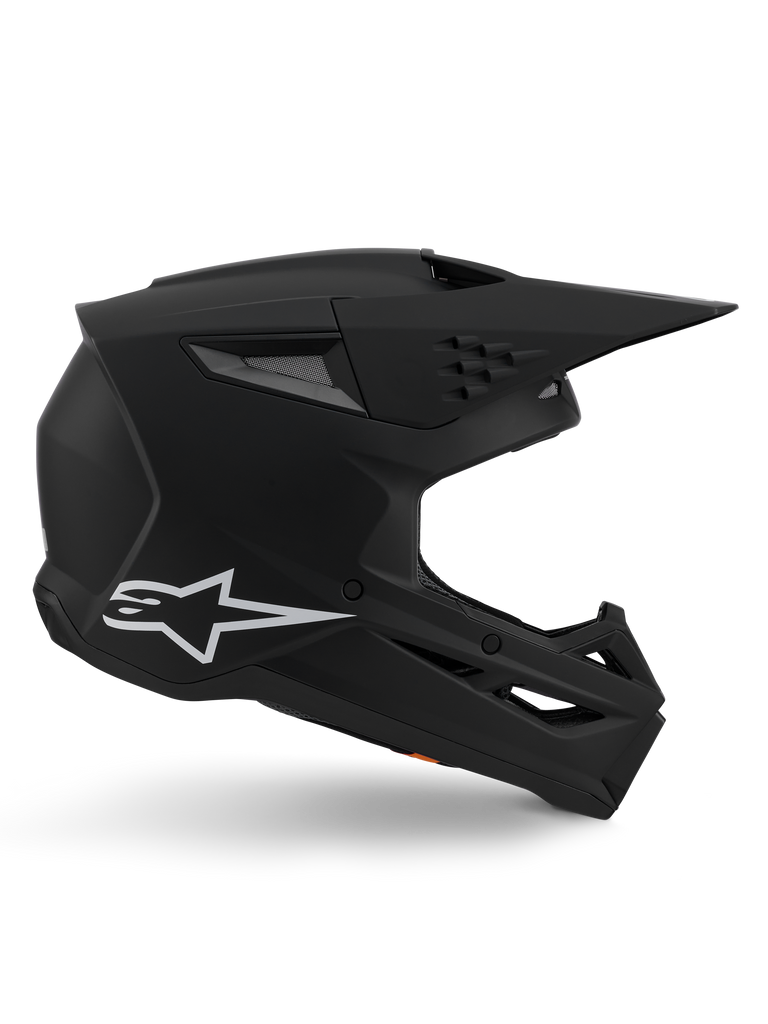 Alpinestars S-M3 Solid Helm, Motocross-Helm, matt-schwarzes Finish, Seitenansicht mit wei&szlig;em Alpinestars-Logo, aerodynamische Schale mit mehreren Bel&uuml;ftungs&ouml;ffnungen und gro&szlig;em Visier, professioneller Offroad-Kopfschutz