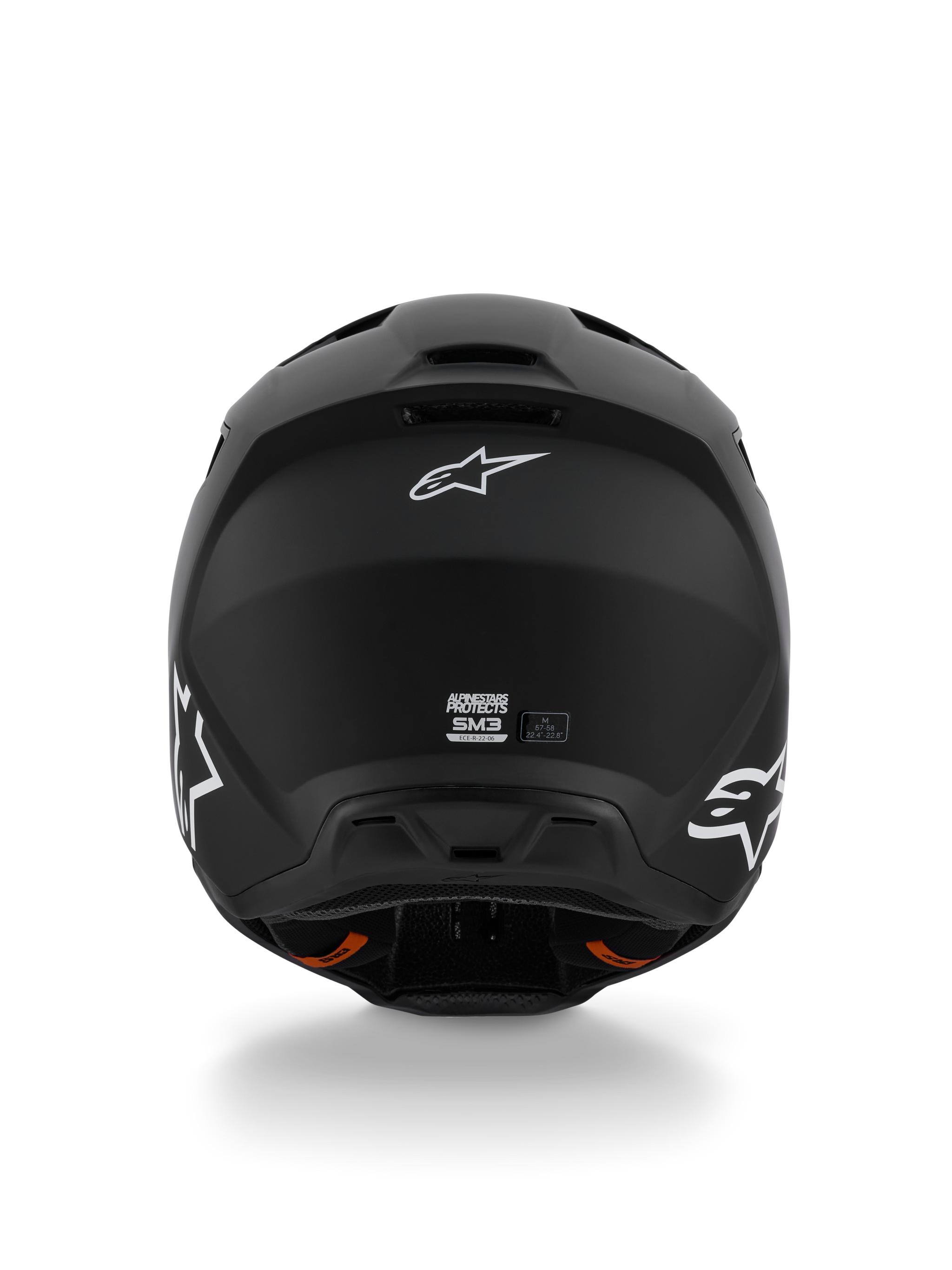 Alpinestars S-M3 Solid Helmet ECE 22.06, Motocross Helmet, Matte Black, rear view showing white Alpinestars Astar logos, ventilation exhaust ports at the base, sleek matte finish for off-road racing