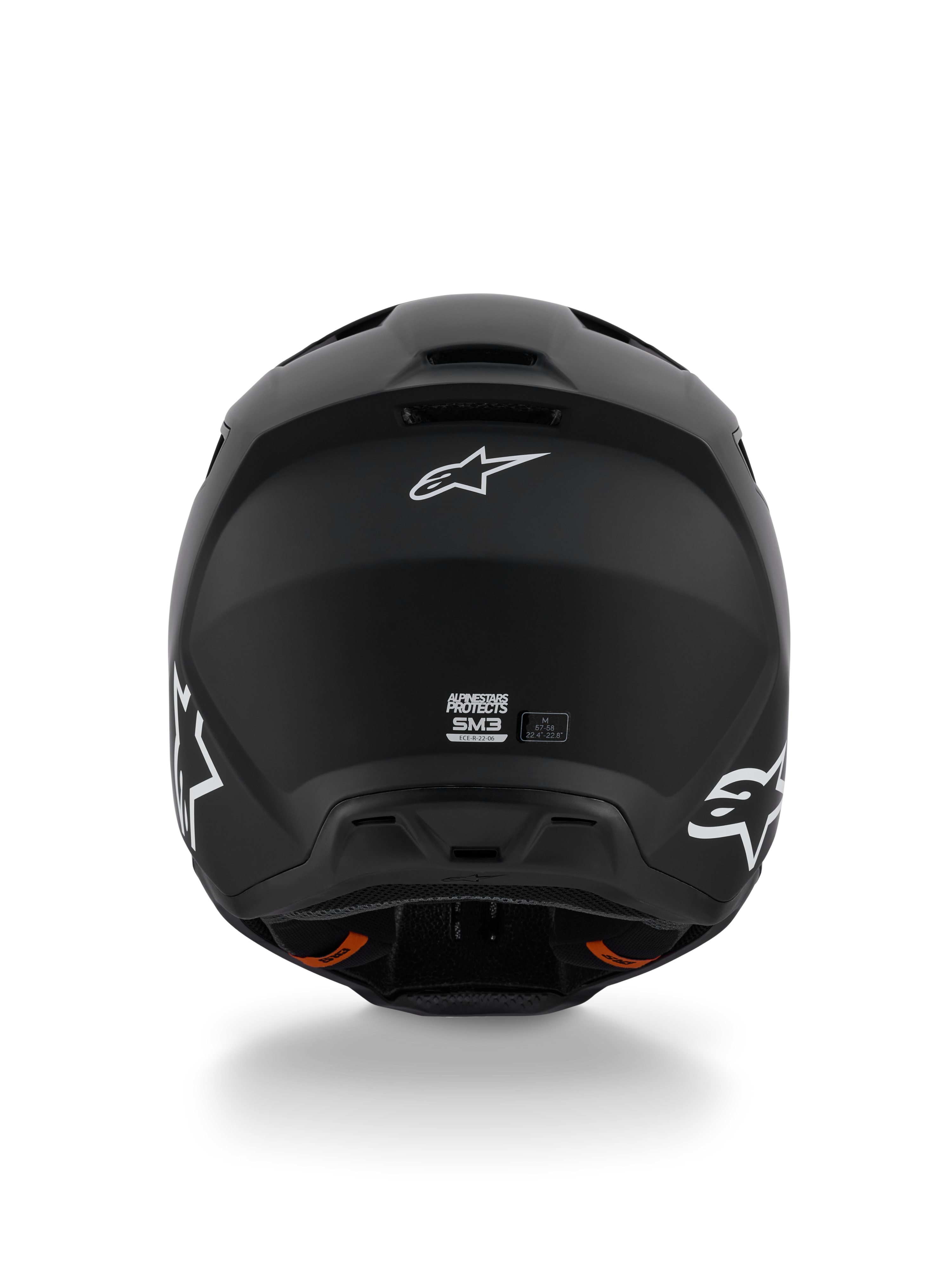 Alpinestars S-M3 Solid Helmet ECE 22.06, Motocross Helmet, Matte Black, rear view showing white Alpinestars Astar logos, ventilation exhaust ports at the base, sleek matte finish for off-road racing