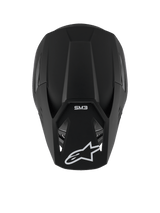 Alpinestars S-M3 Solid Helmet, Motocross Helmet, Black Matt, top-down view showing matte texture and aerodynamic shell, featuring white Alpinestars star logo on the peak and SM3 branding, premium head protection for off-road racing
