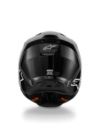 Alpinestars S-M3 Solid Helm, Motocross-Helm, Schwarz glänzend, Rückansicht mit weißem Alpinestars-Logo, ECE 22.06-Zertifizierung, aerodynamische Schale mit Auslassöffnungen
