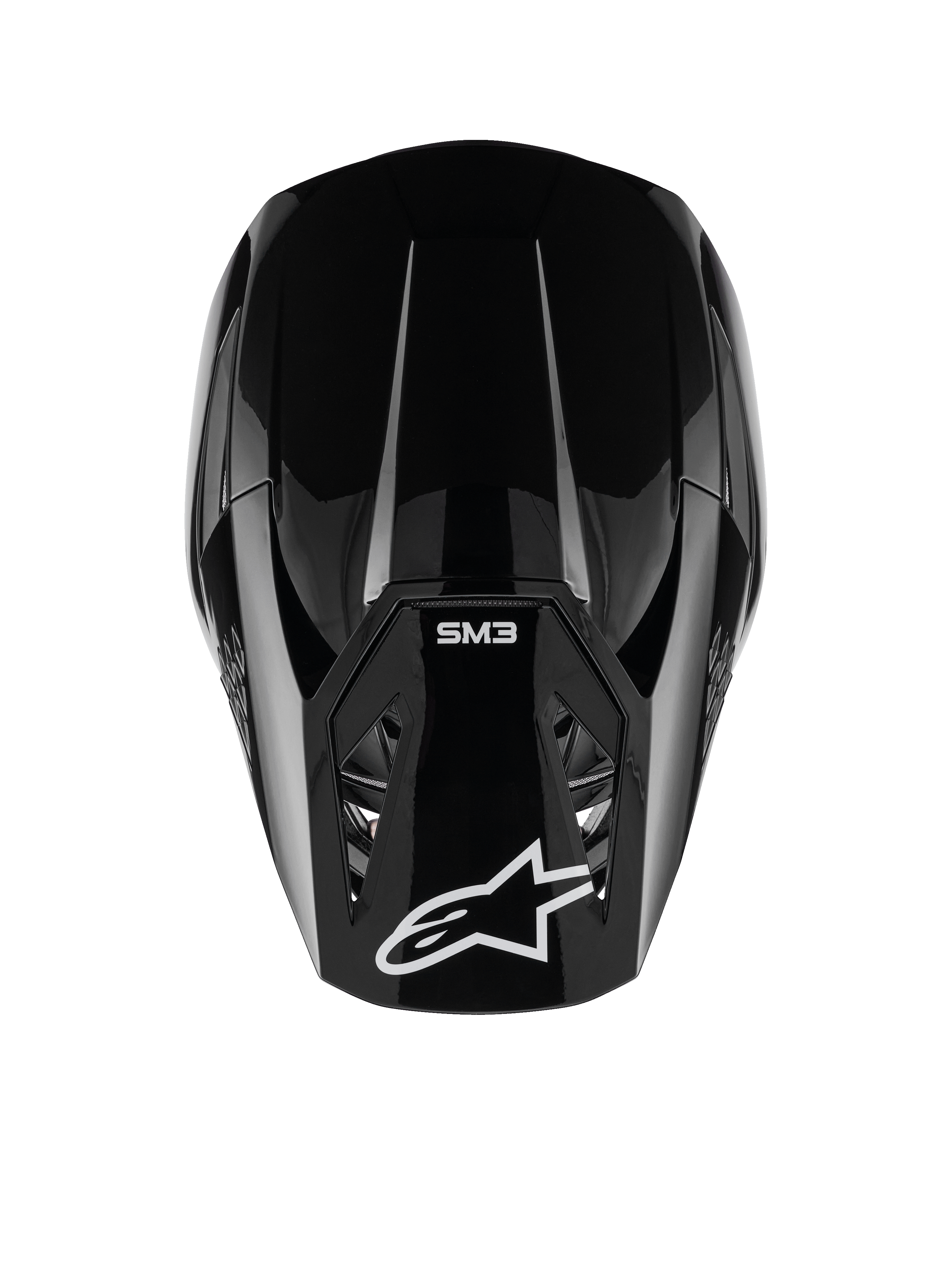 Alpinestars S-M3 Solid Helm, Motocross-Helm, Schwarz glänzend, Draufsicht mit weißem Alpinestars-Logo und SM3-Branding auf dem Visier, aerodynamisches Design, professioneller Offroad-Schutz