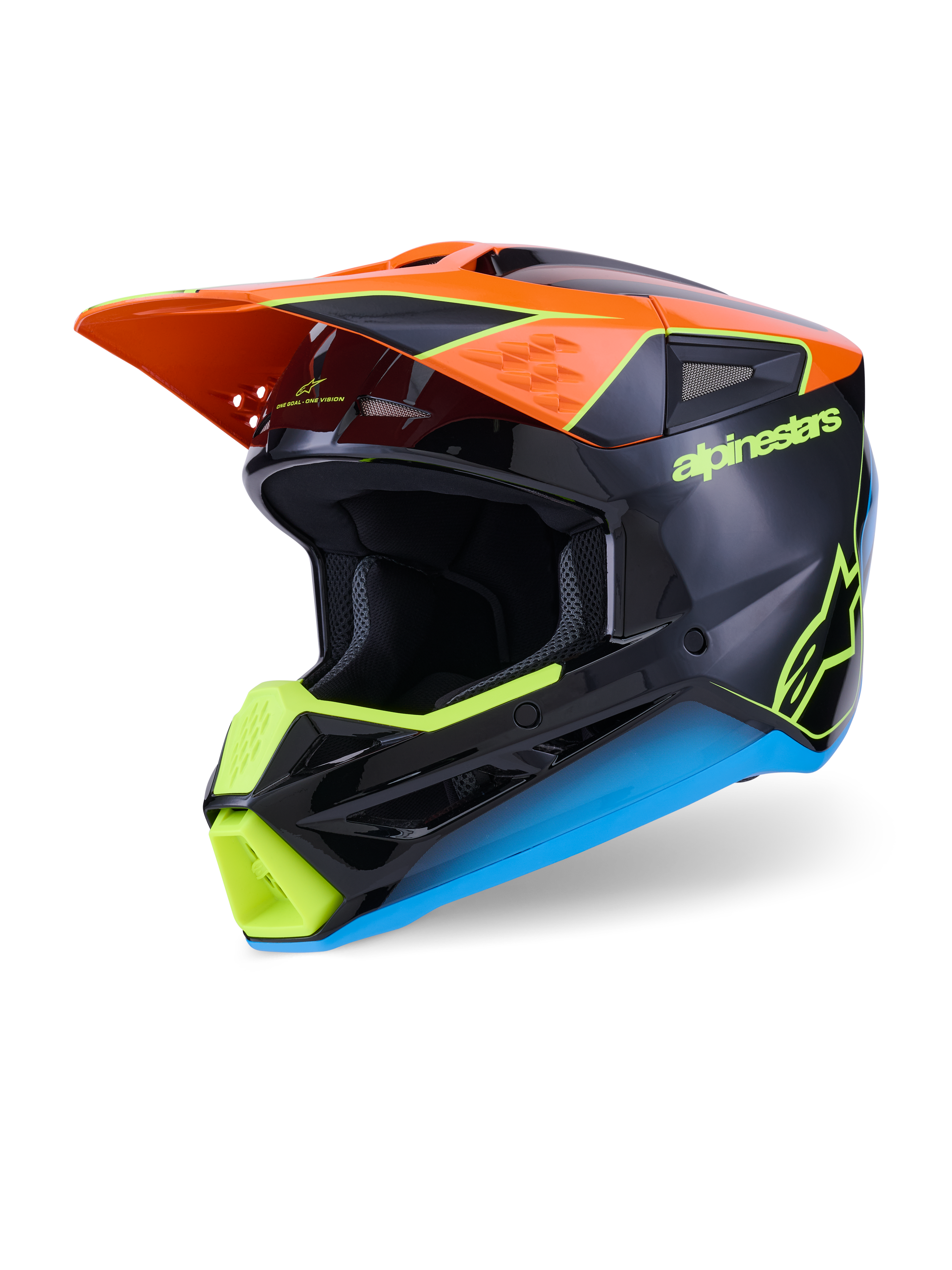 Alpinestars S-M3 Fray Helmet, Motocross Helmet, Black with Orange, Neon Yellow, and Blue accents, three-quarter view showing the aerodynamic thermo-injected shell and protective visor for off-road racing