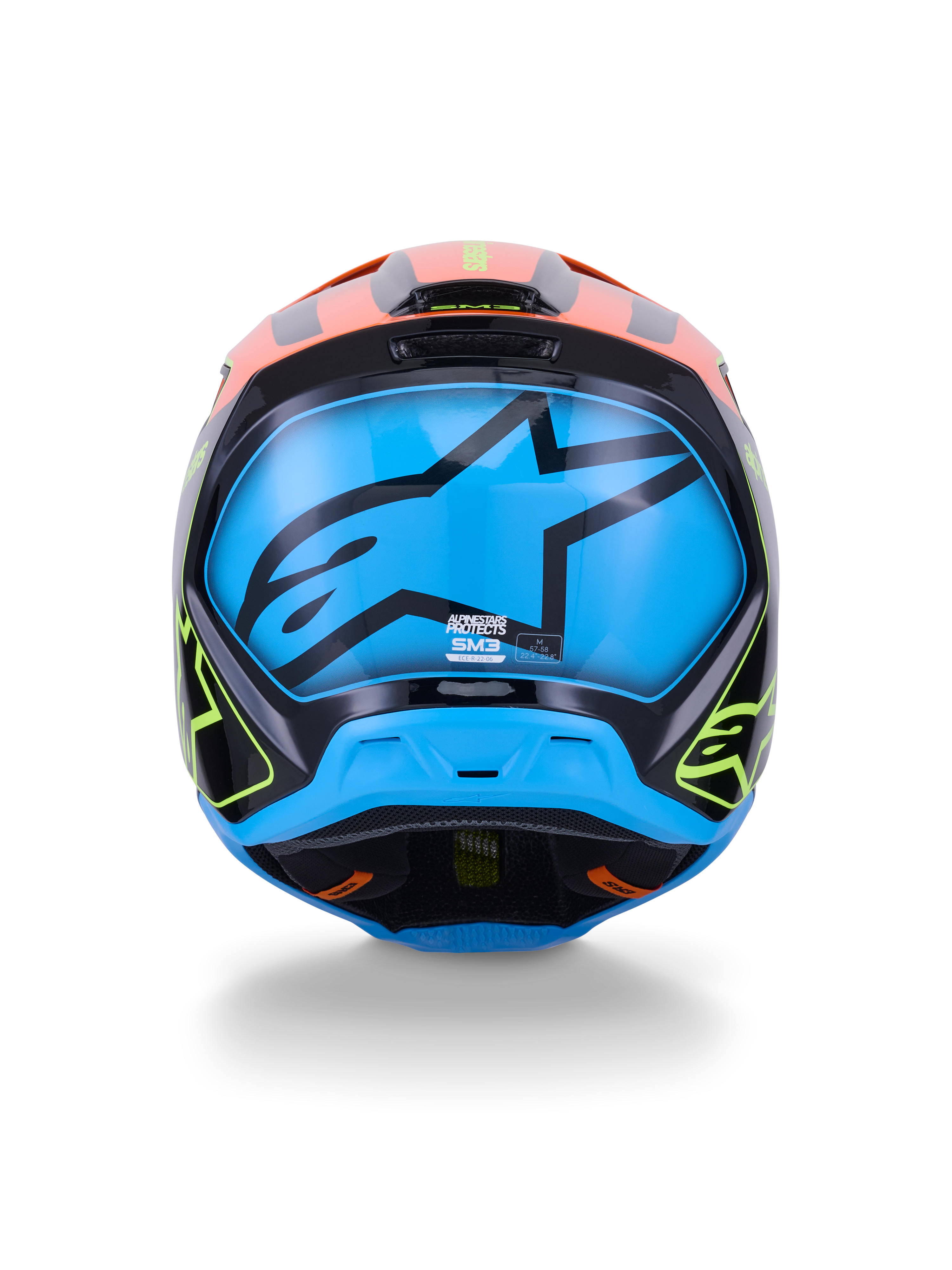 Alpinestars S-M3 Fray Helmet ECE 22.06, Motocross Helmet, Rear view, Black with vibrant Orange and Neon Yellow accents, large blue panel featuring a black Alpinestars star logo, off-road racing protection