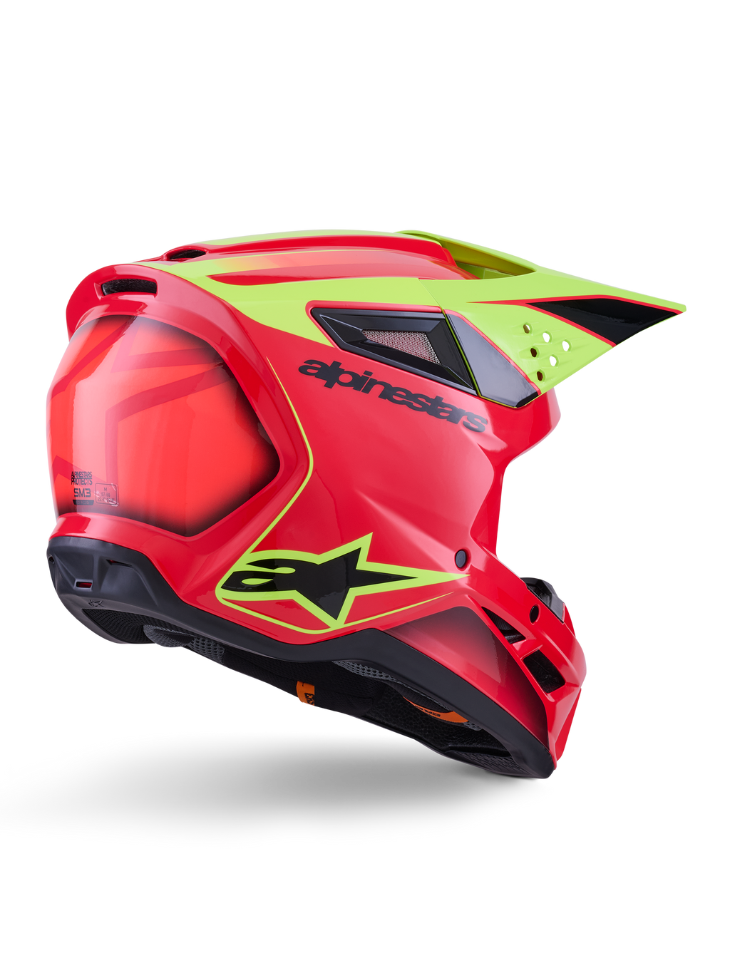Alpinestars S-M3 Fray Helmet ECE 22.06, Motocross Helmet, Red Yellow Fluo Black Glossy, rear three-quarter view showing sleek aerodynamic shell with multiple ventilation ports, neon yellow graphics, and bold black Alpinestars logo.