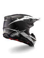 Alpinestars Supertech M10 Ampress Helm, Motocross-Helm, Schwarz-Weiß Matt, mit markanten weißen Blitz-Grafiken auf einer mattschwarzen Schale, Dreiviertel-Rückansicht mit Alpinestars-Logo und Belüftungsöffnungen