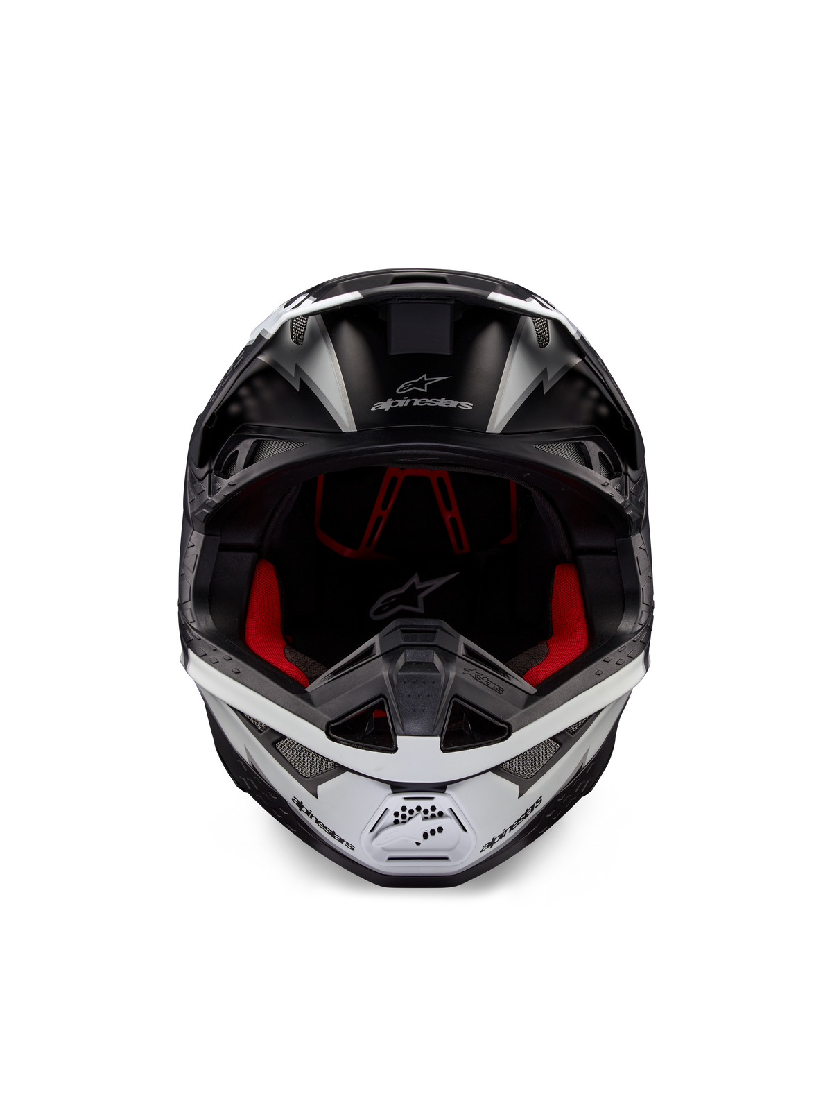 Alpinestars Supertech M10 Ampress Helm, Motocross-Helm, Schwarz und Weiß Matt, Vorderansicht mit rotem Innenfutter, aerodynamische Schale mit Belüftungsöffnungen und Alpinestars-Logo