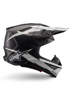 Alpinestars Supertech M10 Ampress Helm, Motocross-Rennhelm, Schwarz und Weiß Matt, aerodynamisches Profil mit weißen Blitz-Grafiken, mehrere Belüftungsöffnungen, verlängerter Sonnenschirm, Carbonfaser-Konstruktion mit mattem Finish