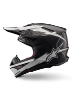 Alpinestars Supertech M10 Ampress Helm, Motocross-Helm, Schwarz-Weiß Matt, Seitenansicht mit markanten weißen Grafiken im Blitz-Stil, aerodynamische Schale mit Belüftungsöffnungen und Visier, fortschrittlicher Offroad-Schutz