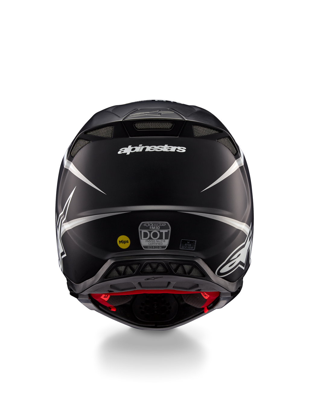 Alpinestars Supertech M10 Ampress Helm, Motocross-Helm, Schwarz und Weiß Matt, Rückansicht mit Alpinestars-Logo und Zertifizierungsaufklebern, aerodynamisches Design mit integrierten Belüftungsöffnungen
