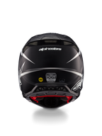 Alpinestars Supertech M10 Ampress Helm, Motocross-Helm, Schwarz und Weiß Matt, Rückansicht mit Alpinestars-Logo und Zertifizierungsaufklebern, aerodynamisches Design mit integrierten Belüftungsöffnungen