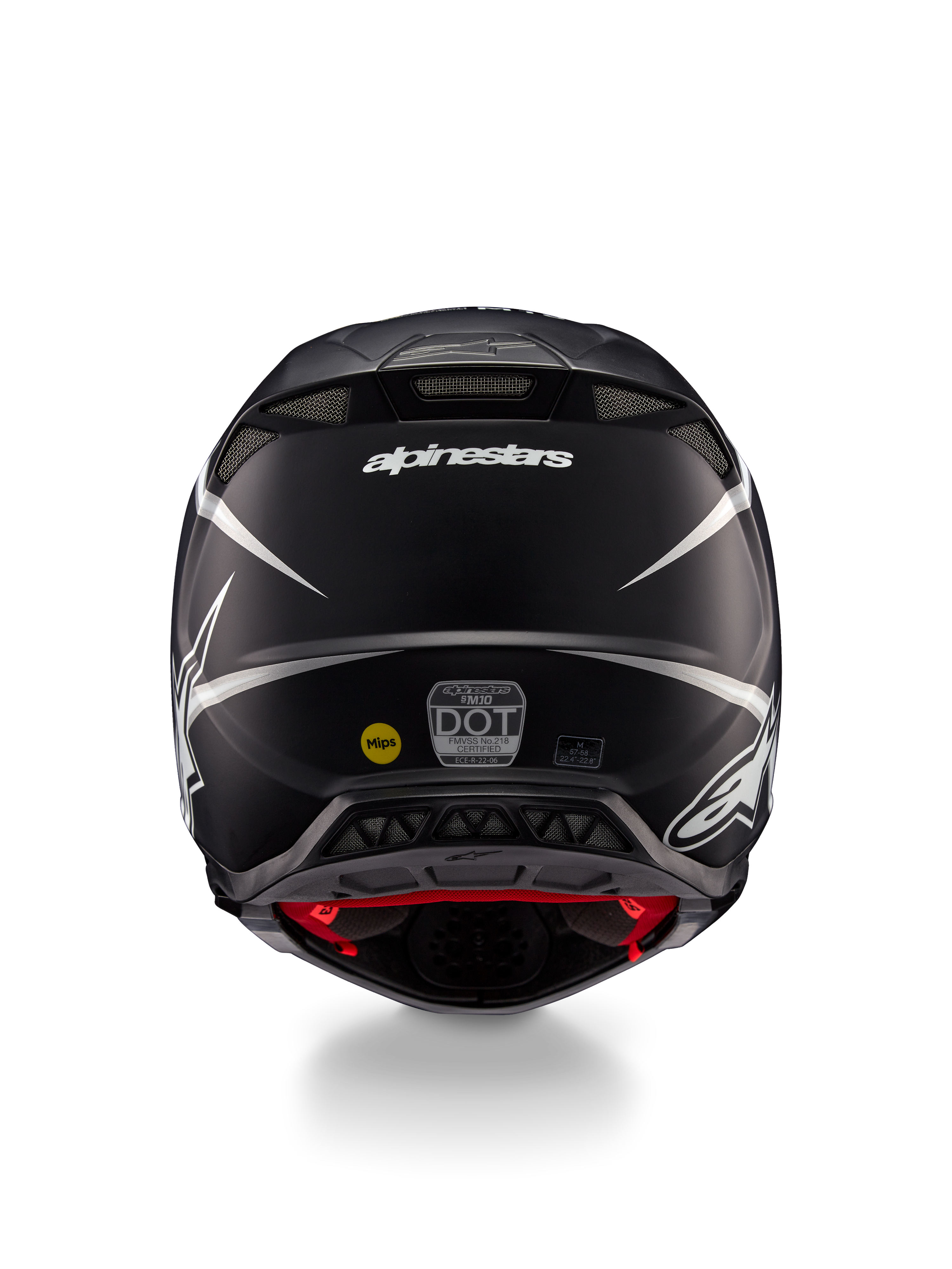 Alpinestars Supertech M10 Ampress Helm, Motocross-Helm, Schwarz und Weiß Matt, Rückansicht mit Alpinestars-Logo und Zertifizierungsaufklebern, aerodynamisches Design mit integrierten Belüftungsöffnungen