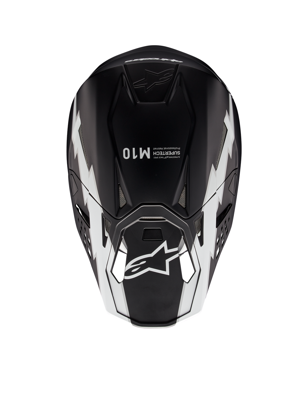 Alpinestars Supertech M10 Ampress Helm, Motocross-Helm, Schwarz-Weiß-Matt, Draufsicht mit weißen geometrischen Grafiken, A-Star Logo auf dem Visier und Supertech M10 Branding auf der Oberseite, aerodynamisches Design für Offroad-Performance