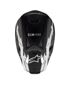 Alpinestars Supertech M10 Ampress Helm, Motocross-Helm, Schwarz-Weiß-Matt, Draufsicht mit weißen geometrischen Grafiken, A-Star Logo auf dem Visier und Supertech M10 Branding auf der Oberseite, aerodynamisches Design für Offroad-Performance