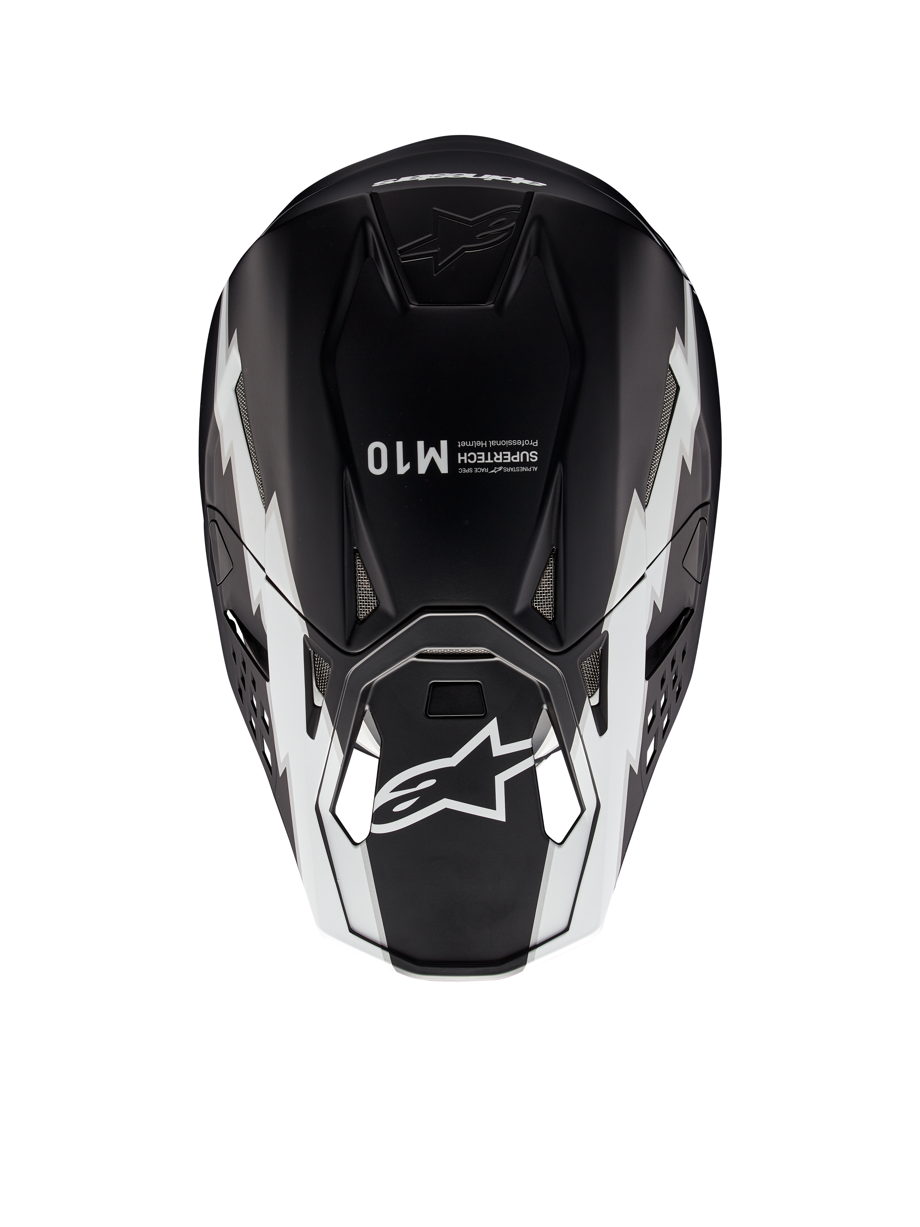 Alpinestars Supertech M10 Ampress Helm, Motocross-Helm, Schwarz-Weiß-Matt, Draufsicht mit weißen geometrischen Grafiken, A-Star Logo auf dem Visier und Supertech M10 Branding auf der Oberseite, aerodynamisches Design für Offroad-Performance