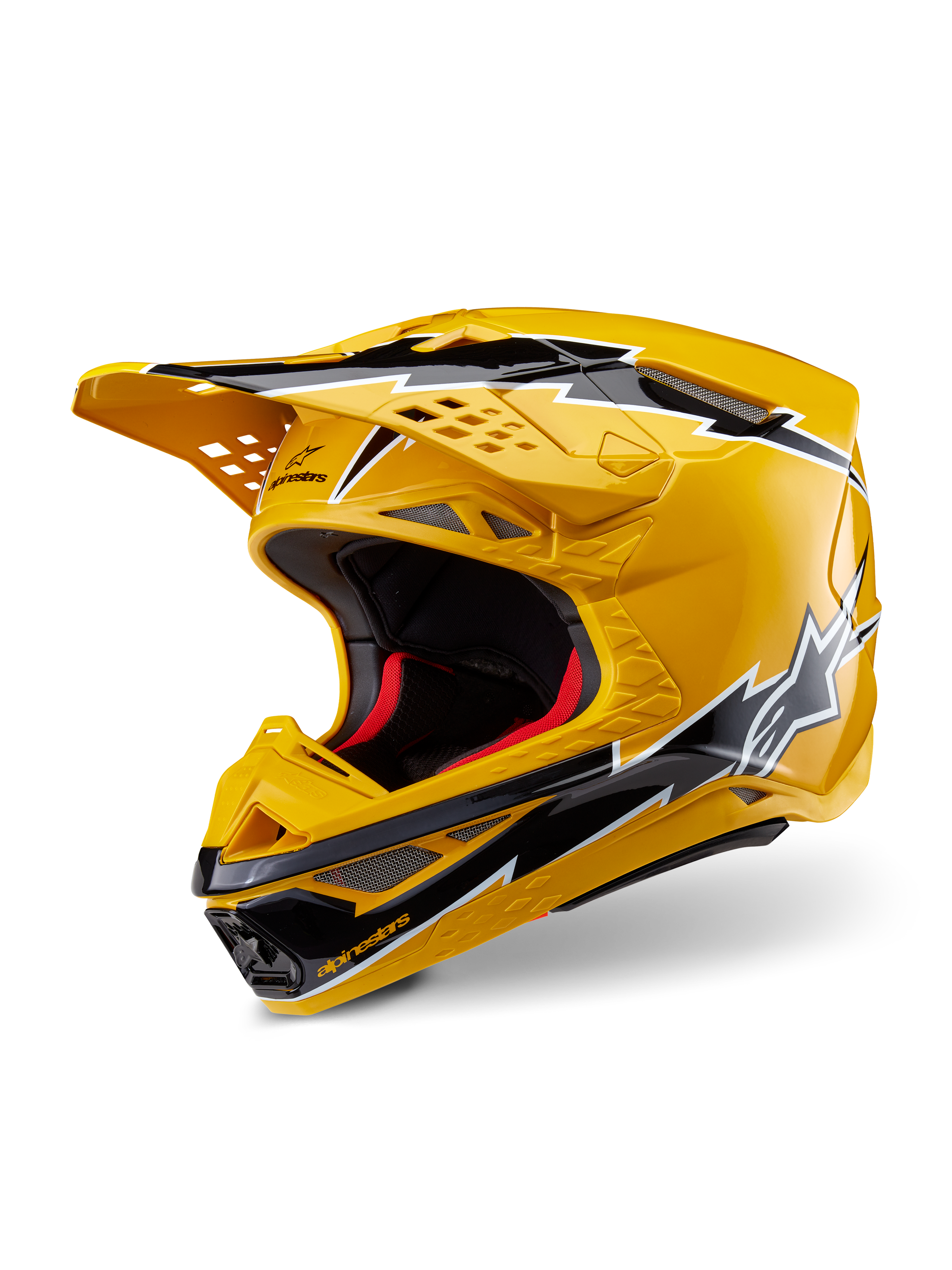 Alpinestars Supertech M10 Ampress Helm, Motocross-Helm, Gelb und Schwarz glänzend, mit Blitz-Grafiken, belüftetem Helmschirm und aerodynamischem Design, Hochleistungs-Offroad-Schutz.
