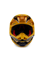 Alpinestars Supertech M10 Ampress Helm, Motocross-Helm, Gelb und Schwarz glänzend, Frontansicht mit markanten eckigen Grafiken, Alpinestars-Logo auf dem Schirm, rote Innenpolsterung, aerodynamische Schale für professionellen Motocross-Rennsport