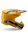 Alpinestars Supertech M10 Ampress Helm, Motocross-Helm, Schwarz und Gelb glänzend, Seitenprofil mit markanten schwarz-weißen Blitzgrafiken, Alpinestars Stern-Logo, aerodynamisches Design mit integrierten Belüftungsöffnungen und verstellbarem Visier.