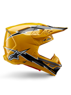 Alpinestars Supertech M10 Ampress Helm, Motocross-Helm, Schwarz und Gelb glänzend, Seitenprofil mit markanten schwarz-weißen Blitzgrafiken, Alpinestars Stern-Logo, aerodynamisches Design mit integrierten Belüftungsöffnungen und verstellbarem Visier.