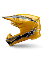 Alpinestars Supertech M10 Ampress Helm, Motocross-Helm, Glänzendes Gelb mit schwarz-weißen Grafiken, Seitenansicht mit markanten eckigen Designs, Alpinestars-Stern-Logo und mehreren Belüftungsöffnungen mit silbernem Mesh, professionelle Offroad-Rennausrüstung