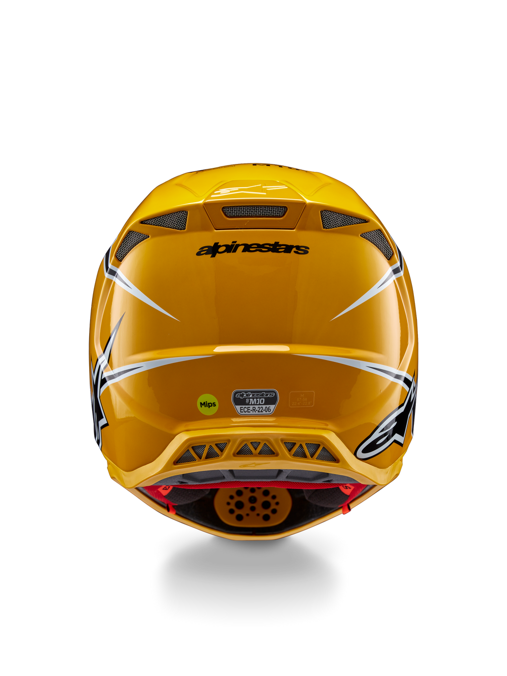 Alpinestars Supertech M10 Ampress Helm, Rückansicht, Glänzendes Gelb mit schwarzen und weißen Akzenten, hintere Belüftungsöffnungen, MIPS- und ECE 22.06-Aufkleber, professioneller Motocross-Kopfschutz