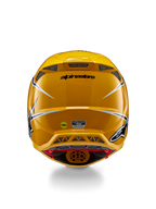 Alpinestars Supertech M10 Ampress Helm, Rückansicht, Glänzendes Gelb mit schwarzen und weißen Akzenten, hintere Belüftungsöffnungen, MIPS- und ECE 22.06-Aufkleber, professioneller Motocross-Kopfschutz